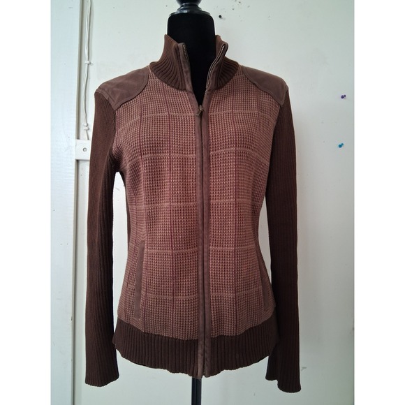 Ralph Lauren Sweaters - Ralph Lauren LRL Brown Plaid Full Zip Cardigan Suede Patch Sweater Womens Small